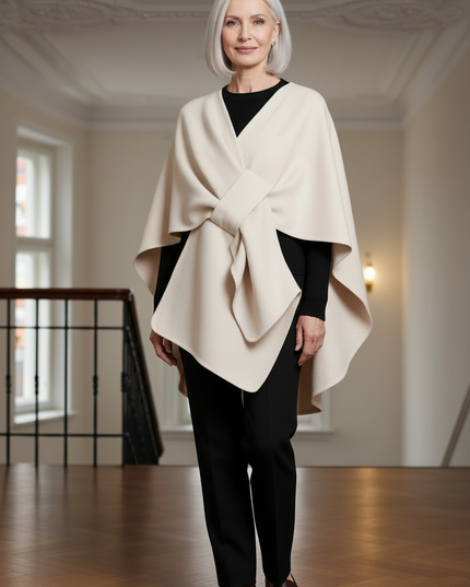 Cape Damen Creme: Ärmelloser Wollumhang für den Winter - Ansicht 3