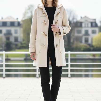 Dufflecoat Damen Creme | Kurzer Mantel mit Kapuze - Ansicht 1