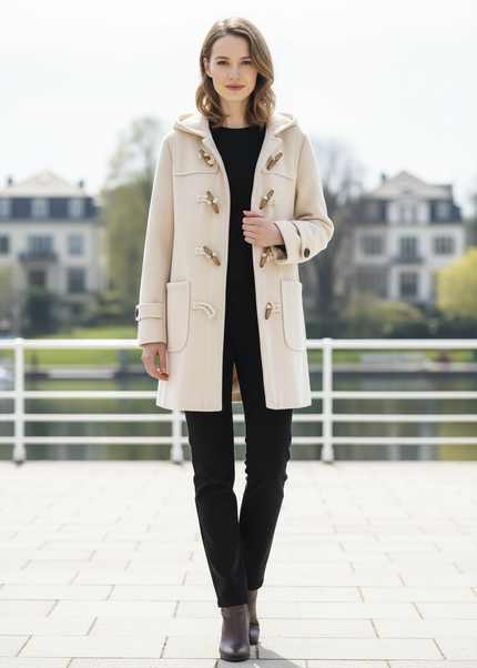 Dufflecoat Damen Creme | Kurzer Mantel mit Kapuze - Ansicht 1