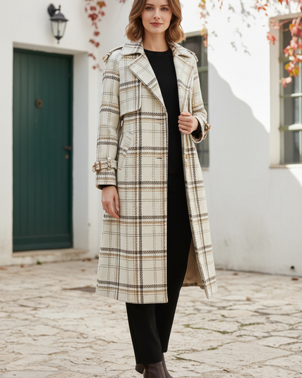 Karierter Wollmantel mit Gürtel für Damen - Ansicht 1