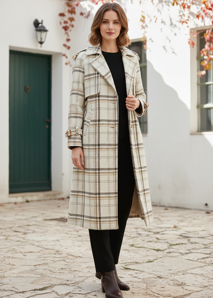 Karierter Wollmantel mit Gürtel für Damen - Ansicht 1