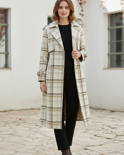 Karierter Wollmantel mit Gürtel für Damen - Ansicht 3