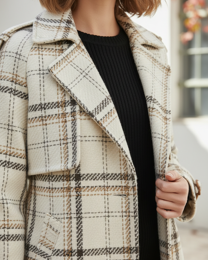 Karierter Wollmantel mit Gürtel für Damen - Ansicht 4