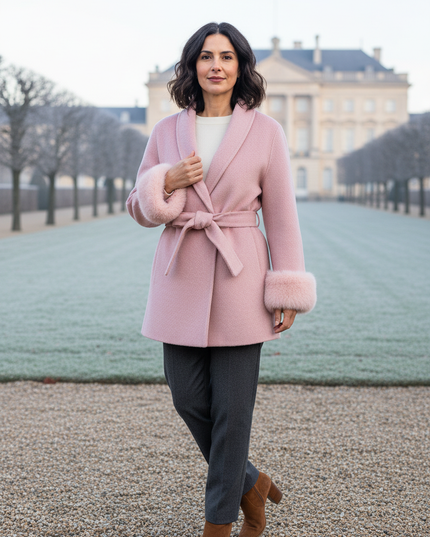 kurzer wollmantel mit fellmanschetten rosa aus wolle - Ansicht 1