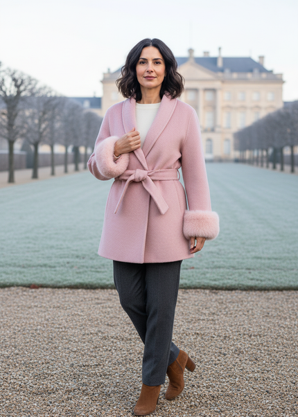 kurzer wollmantel mit fellmanschetten rosa aus wolle - Ansicht 1