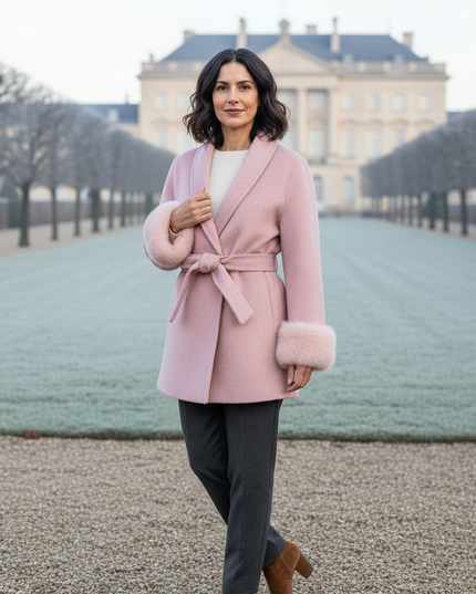 kurzer wollmantel mit fellmanschetten rosa aus wolle - Ansicht 3