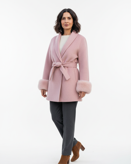 kurzer wollmantel mit fellmanschetten rosa aus wolle - Ansicht 5