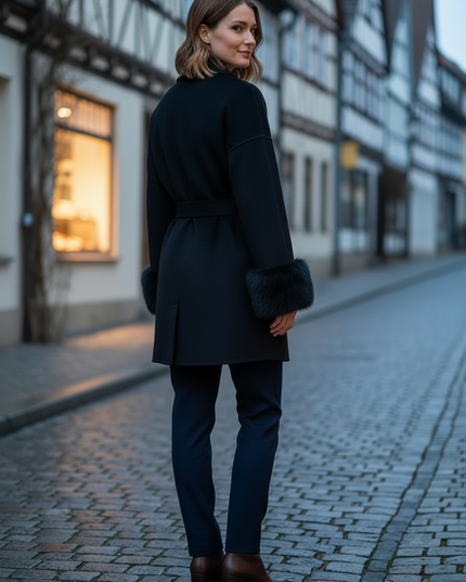kurzer wollmantel mit fellmanschetten schwarz aus Wolle - Ansicht 2