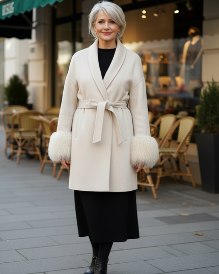 kurzer wollmantel mit lammfell creme | Bindegürtel - Ansicht 3