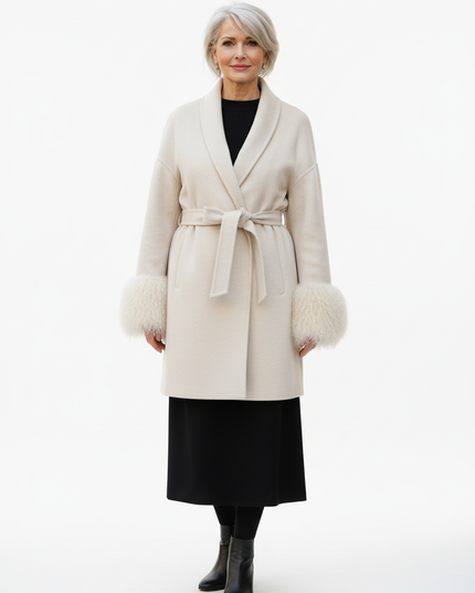 kurzer wollmantel mit lammfell creme | Bindegürtel - Ansicht 5