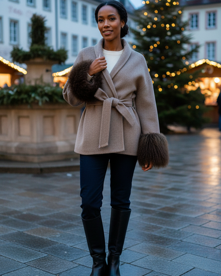 kurzer wollmantel mit lammfell taupe | Kurzmantel Damen - Ansicht 1