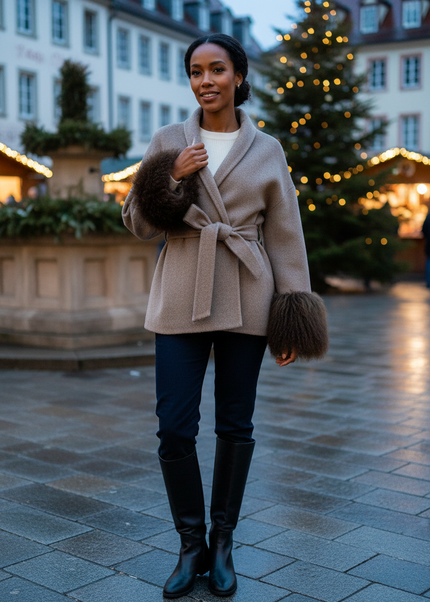 kurzer wollmantel mit lammfell taupe | Kurzmantel Damen - Ansicht 1