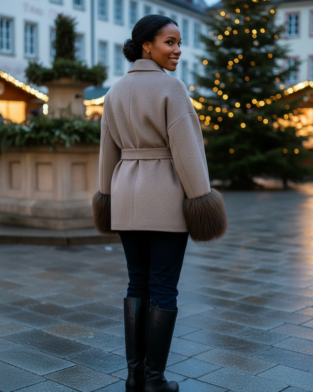 kurzer wollmantel mit lammfell taupe | Kurzmantel Damen - Ansicht 2