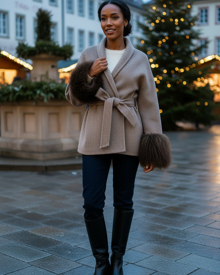 kurzer wollmantel mit lammfell taupe | Kurzmantel Damen - Ansicht 3