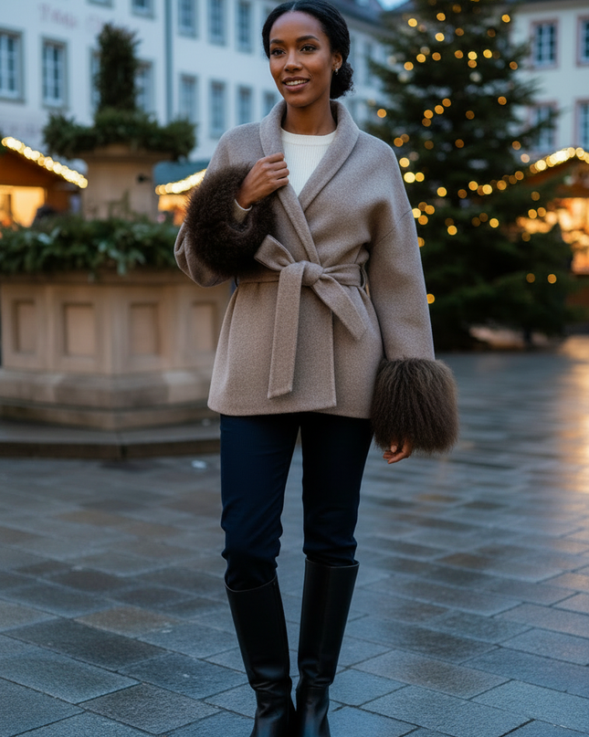 kurzer wollmantel mit lammfell taupe | Kurzmantel Damen - Ansicht 3