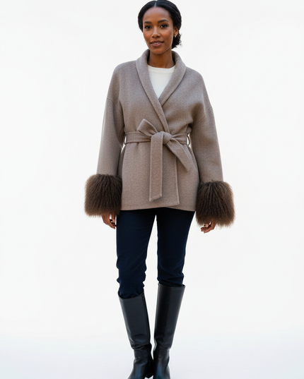 kurzer wollmantel mit lammfell taupe | Kurzmantel Damen - Ansicht 5