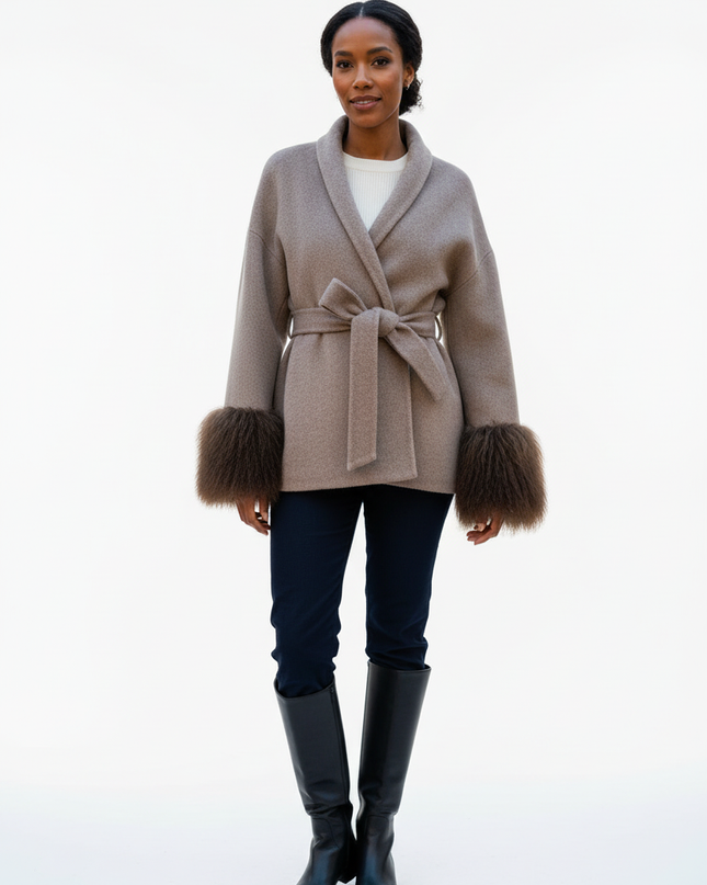 kurzer wollmantel mit lammfell taupe | Kurzmantel Damen - Ansicht 5