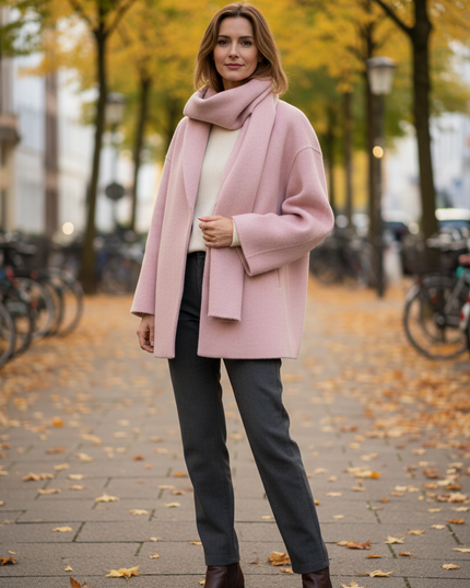 Kurzmantel mit Schal rosa | weiter Schnitt mit Knopfleiste - Ansicht 1