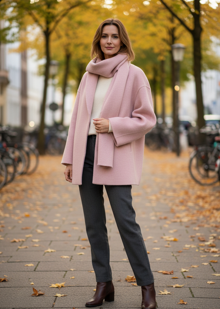 Kurzmantel mit Schal rosa | weiter Schnitt mit Knopfleiste - Ansicht 1