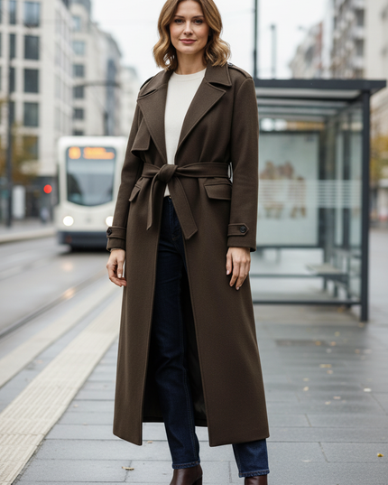 Langer Trenchcoat Damen Dunkelbraun Knöchellang - Ansicht 1
