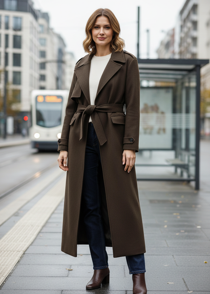 Langer Trenchcoat Damen Dunkelbraun Knöchellang - Ansicht 1