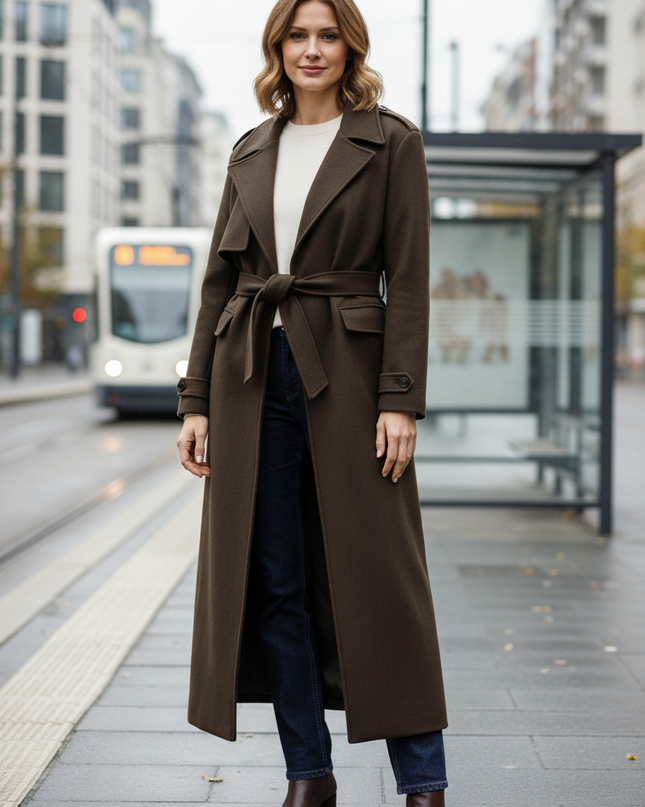 Langer Trenchcoat Damen Dunkelbraun Knöchellang - Ansicht 1