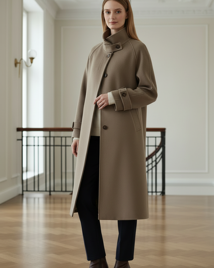 Langer Wollmantel mit Stehkragen aus Wollmischung in Taupe - Ansicht 3