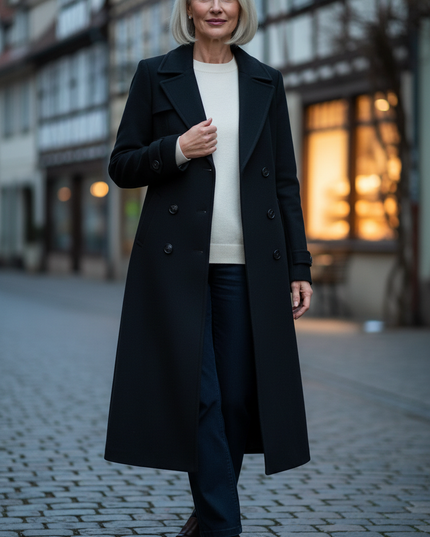 Mantel lang Damen Schwarz mit Umlegekragen - Ansicht 1