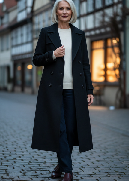 Mantel lang Damen Schwarz mit Umlegekragen - Ansicht 1