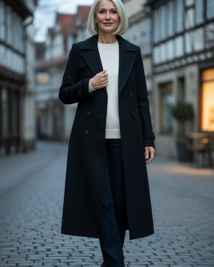 Mantel lang Damen Schwarz mit Umlegekragen - Ansicht 3
