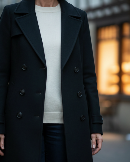 Mantel lang Damen Schwarz mit Umlegekragen - Ansicht 4
