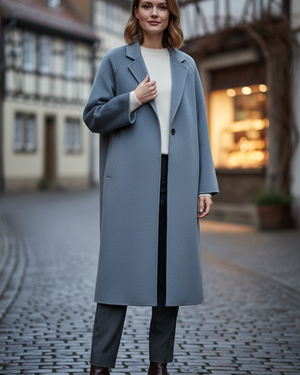oversize mantel graublau | Wolle 100% und Bindegürtel - Ansicht 1