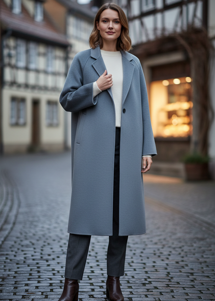 oversize mantel graublau | Wolle 100% und Bindegürtel - Ansicht 1