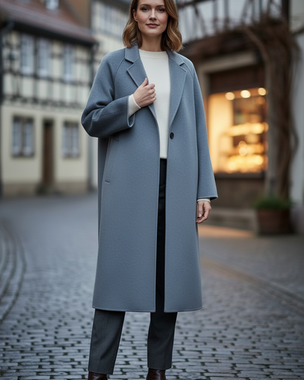 oversize mantel graublau | Wolle 100% und Bindegürtel - Ansicht 3