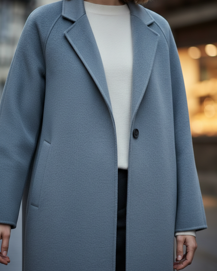 oversize mantel graublau | Wolle 100% und Bindegürtel - Ansicht 4
