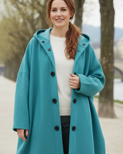 oversize mantel mit kapuze türkis | lang, Knopfleiste - Ansicht 4