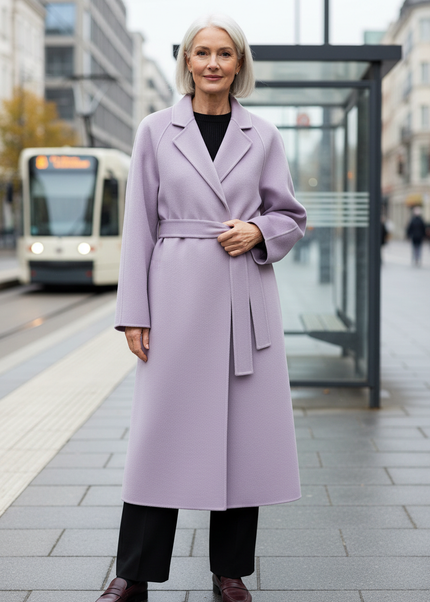 oversize wollmantel flieder mit Bindegürtel - Ansicht 1