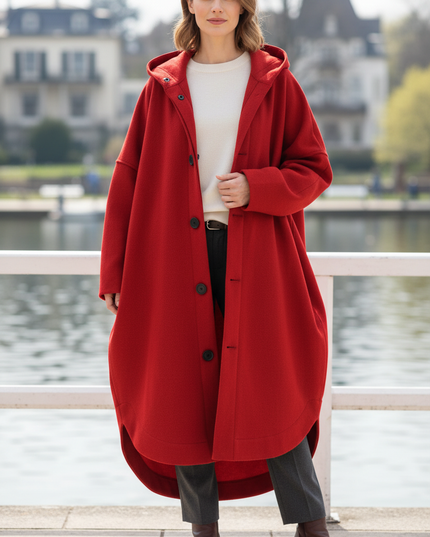 Roter Kapuzenmantel Damen, langer Mantel mit Kapuze - Ansicht 1