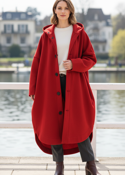 Roter Kapuzenmantel Damen, langer Mantel mit Kapuze - Ansicht 1