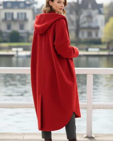 Roter Kapuzenmantel Damen, langer Mantel mit Kapuze - Ansicht 2