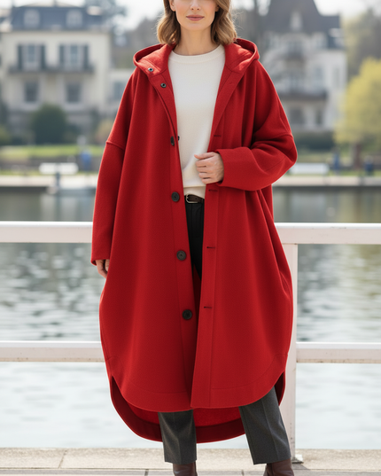 Roter Kapuzenmantel Damen, langer Mantel mit Kapuze - Ansicht 3
