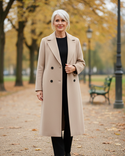 Wollmantel beige lang: Sandbeige, Wolle und Kaschmir - Ansicht 1