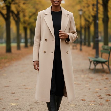 Wollmantel Damen Beige Lang: Zweireiher mit Gürtel - Ansicht 1