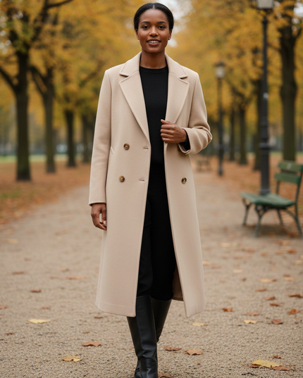 Wollmantel Damen Beige Lang: Zweireiher mit Gürtel - Ansicht 1