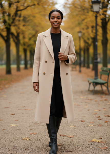 Wollmantel Damen Beige Lang: Zweireiher mit Gürtel - Ansicht 1