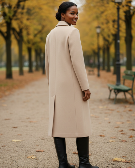 Wollmantel Damen Beige Lang: Zweireiher mit Gürtel - Ansicht 2