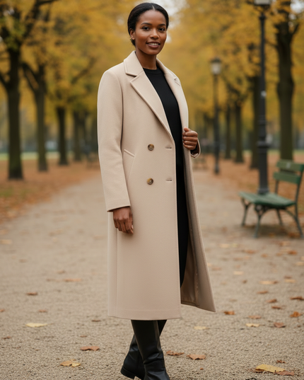 Wollmantel Damen Beige Lang: Zweireiher mit Gürtel - Ansicht 3