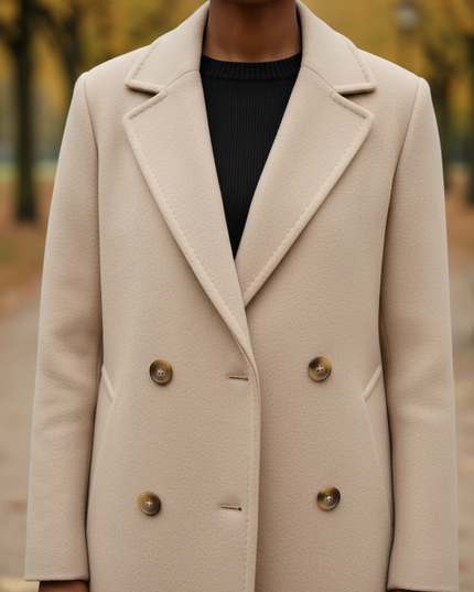 Wollmantel Damen Beige Lang: Zweireiher mit Gürtel - Ansicht 4