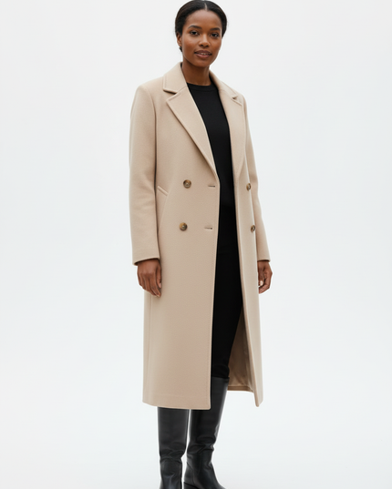 Wollmantel Damen Beige Lang: Zweireiher mit Gürtel - Ansicht 5