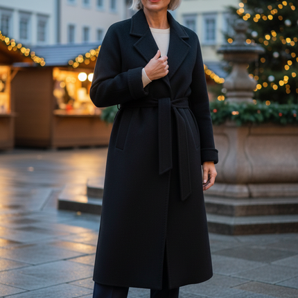 Wollmantel Damen lang schwarz mit Reverskragen - Ansicht 1